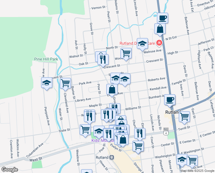 map of restaurants, bars, coffee shops, grocery stores, and more near 125 Grove Street in Rutland