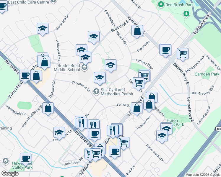 map of restaurants, bars, coffee shops, grocery stores, and more near 216 Nahani Way in Mississauga