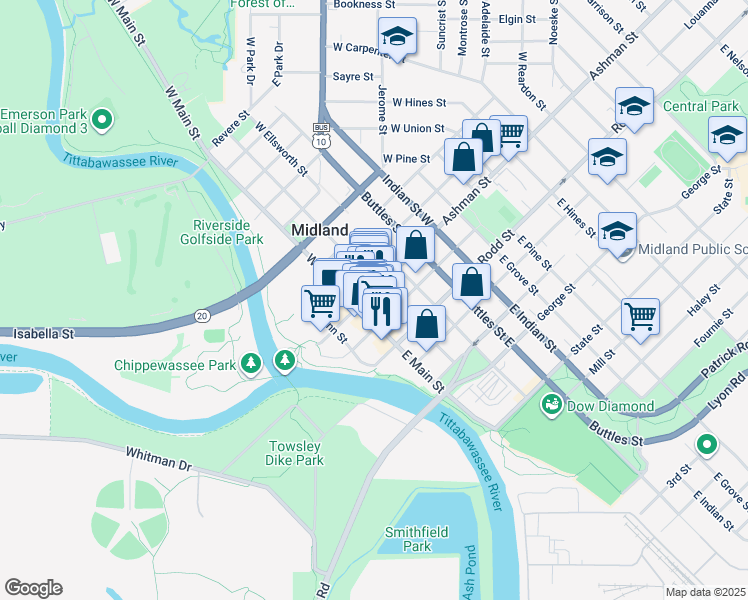 map of restaurants, bars, coffee shops, grocery stores, and more near 130 West Larkin Street in Midland