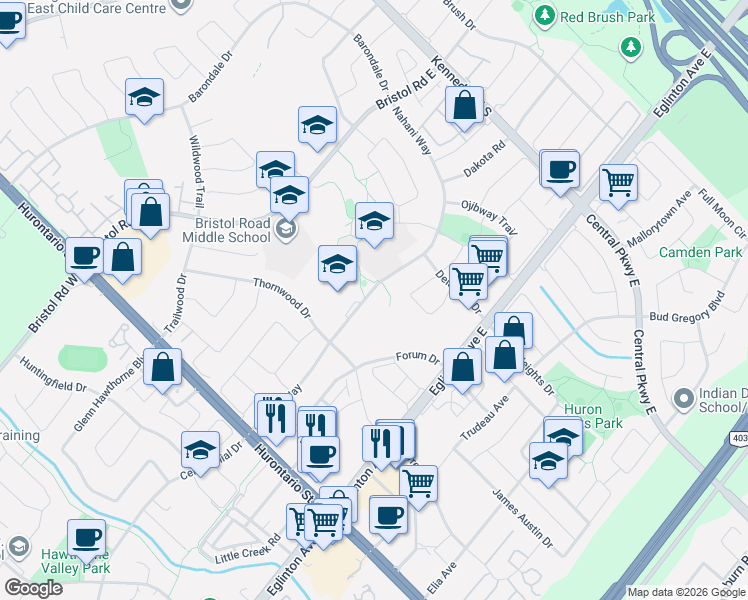 map of restaurants, bars, coffee shops, grocery stores, and more near 202 Nahani Way in Mississauga
