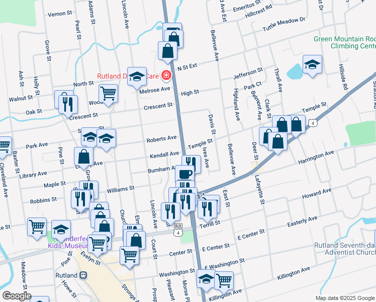 map of restaurants, bars, coffee shops, grocery stores, and more near 77 North Main Street in Rutland