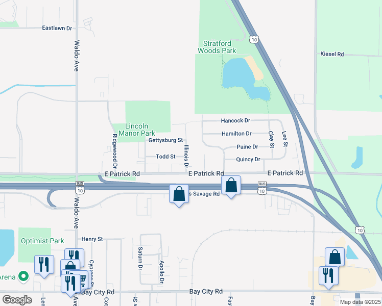 map of restaurants, bars, coffee shops, grocery stores, and more near 1404 Illinois Drive in Midland