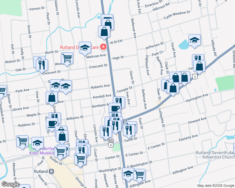 map of restaurants, bars, coffee shops, grocery stores, and more near 9 Temple Street in Rutland