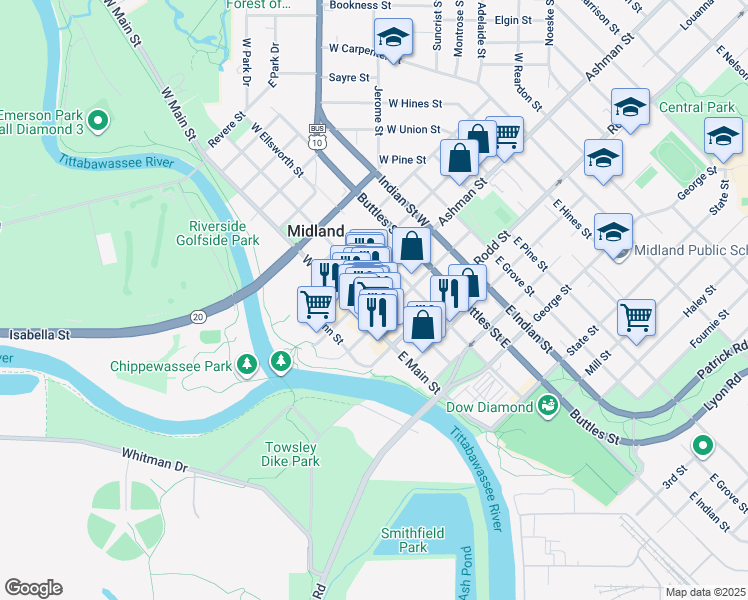 map of restaurants, bars, coffee shops, grocery stores, and more near 130 West Larkin Street in Midland
