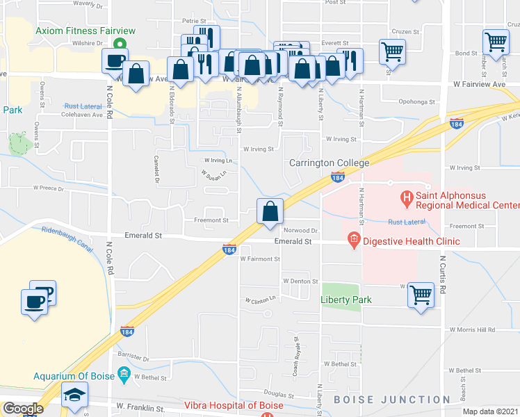 map of restaurants, bars, coffee shops, grocery stores, and more near 950 Allumbaugh Street in Boise