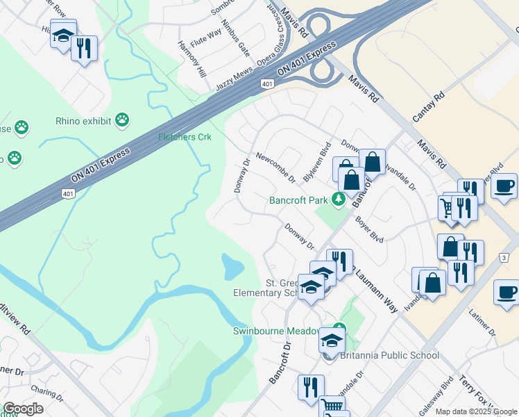 map of restaurants, bars, coffee shops, grocery stores, and more near 6361 Donway Drive in Mississauga