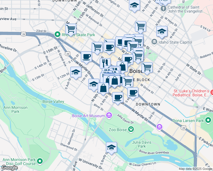 map of restaurants, bars, coffee shops, grocery stores, and more near 398 South 9th Street in Boise