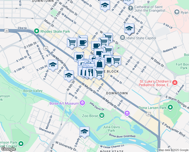 map of restaurants, bars, coffee shops, grocery stores, and more near 321 South 8th Street in Boise