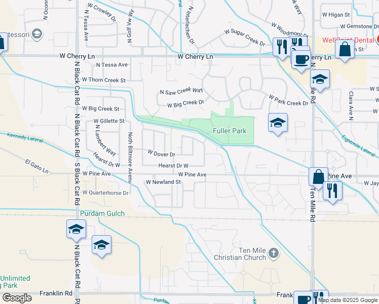 map of restaurants, bars, coffee shops, grocery stores, and more near 1024 North Scotney Avenue in Meridian