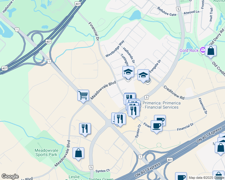 map of restaurants, bars, coffee shops, grocery stores, and more near 7088 Financial Drive in Mississauga
