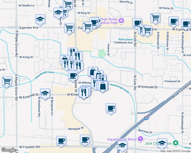 map of restaurants, bars, coffee shops, grocery stores, and more near 7951 West Preece Drive in Boise