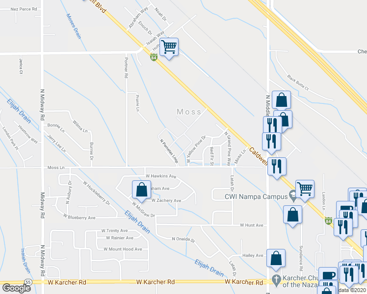 map of restaurants, bars, coffee shops, grocery stores, and more near 11399 West Pamelas Lane in Nampa
