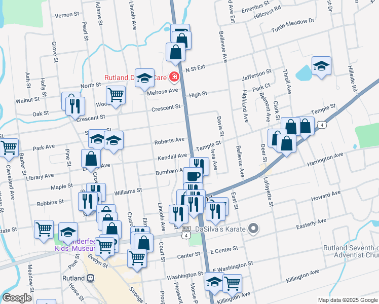 map of restaurants, bars, coffee shops, grocery stores, and more near 77 North Main Street in Rutland