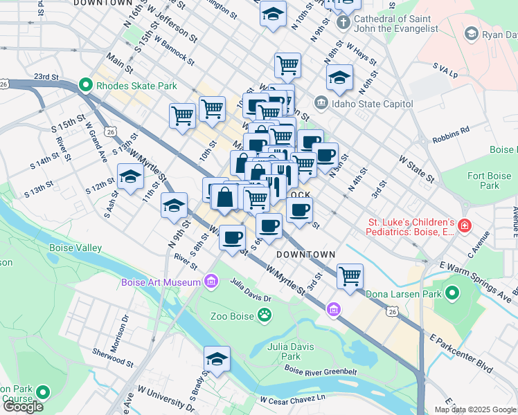 map of restaurants, bars, coffee shops, grocery stores, and more near in Boise