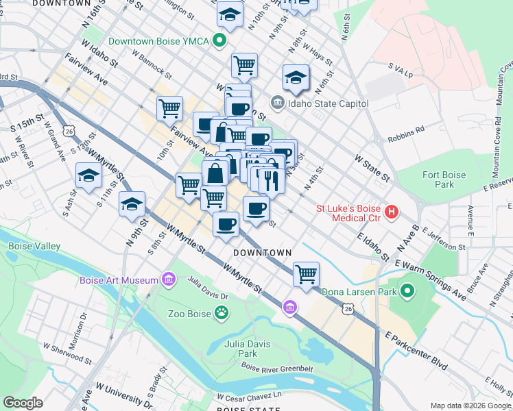 map of restaurants, bars, coffee shops, grocery stores, and more near 512 West Grove Street in Boise