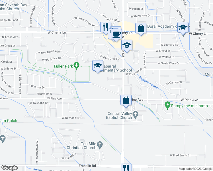 map of restaurants, bars, coffee shops, grocery stores, and more near 3425 West Acarrera Court in Meridian