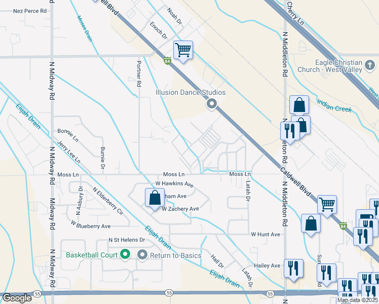 map of restaurants, bars, coffee shops, grocery stores, and more near 11431 West Pamelas Lane in Nampa