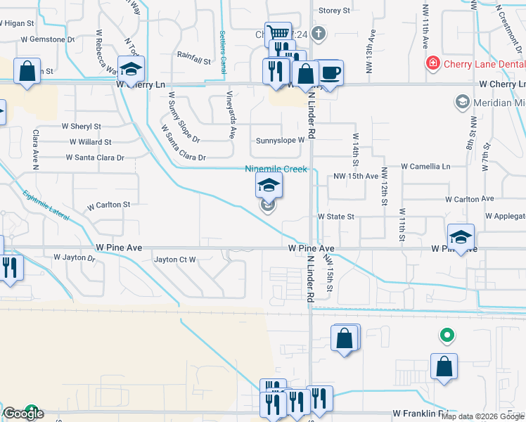 map of restaurants, bars, coffee shops, grocery stores, and more near 1900 West Pine Avenue in Meridian