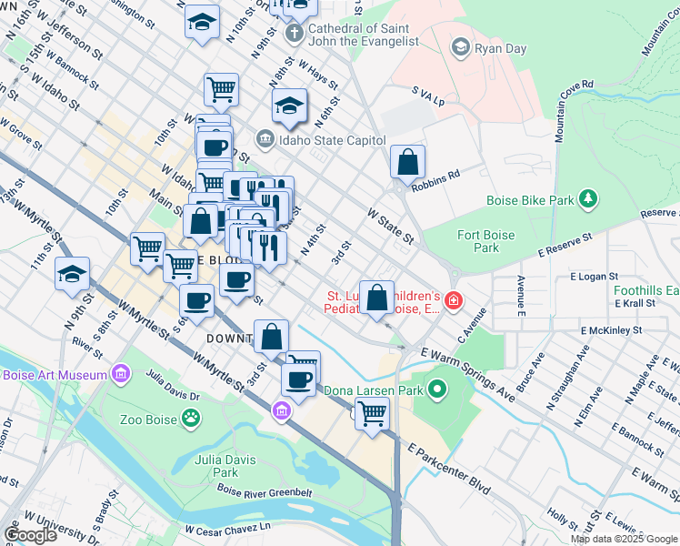 map of restaurants, bars, coffee shops, grocery stores, and more near 222 West Bannock Street in Boise