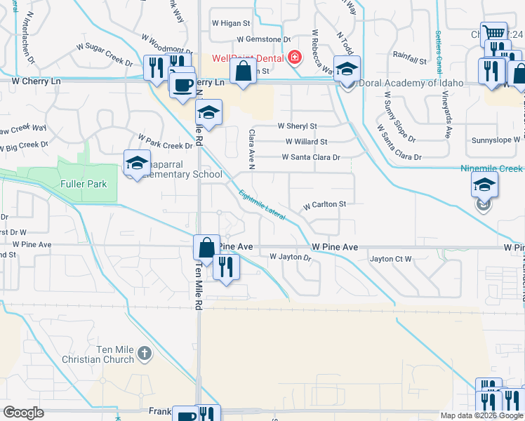 map of restaurants, bars, coffee shops, grocery stores, and more near 1020 North Clara Avenue in Meridian