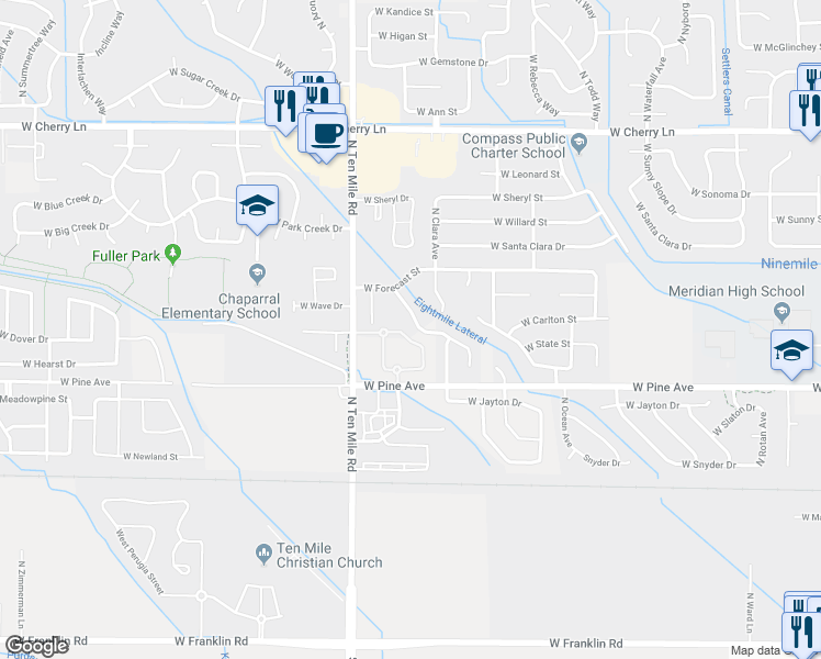 map of restaurants, bars, coffee shops, grocery stores, and more near 1121 North Gray Cloud Way in Meridian