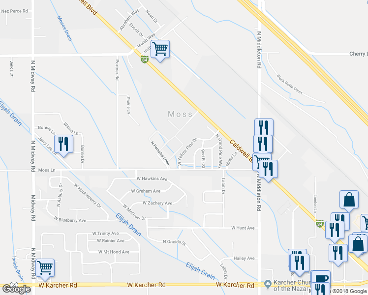 map of restaurants, bars, coffee shops, grocery stores, and more near 11399 West Pamelas Lane in Nampa