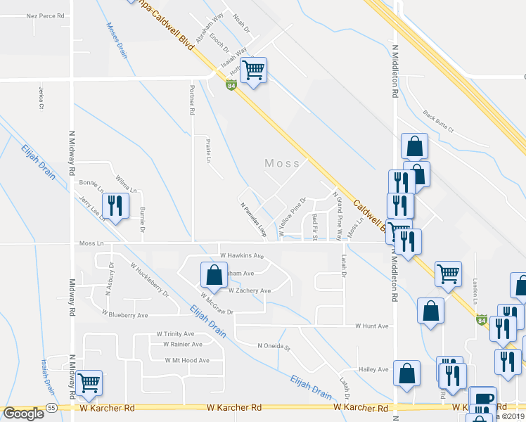 map of restaurants, bars, coffee shops, grocery stores, and more near 16707 North Pamelas Loop in Nampa
