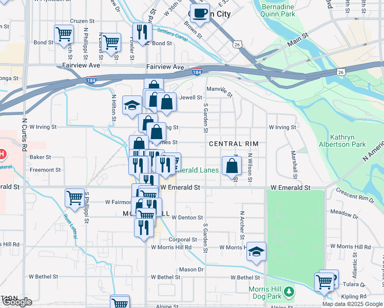 map of restaurants, bars, coffee shops, grocery stores, and more near 4623 Holmes Street in Boise