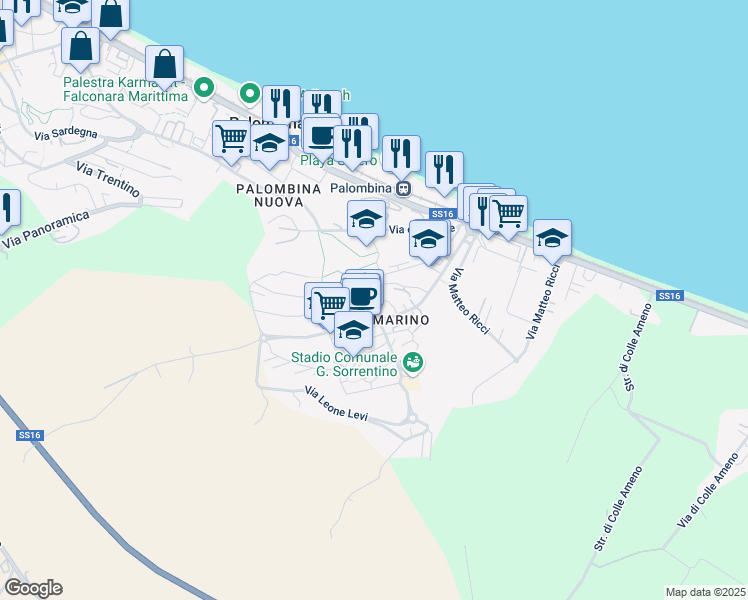 map of restaurants, bars, coffee shops, grocery stores, and more near 36 Via Alessandro Volta in Ancona