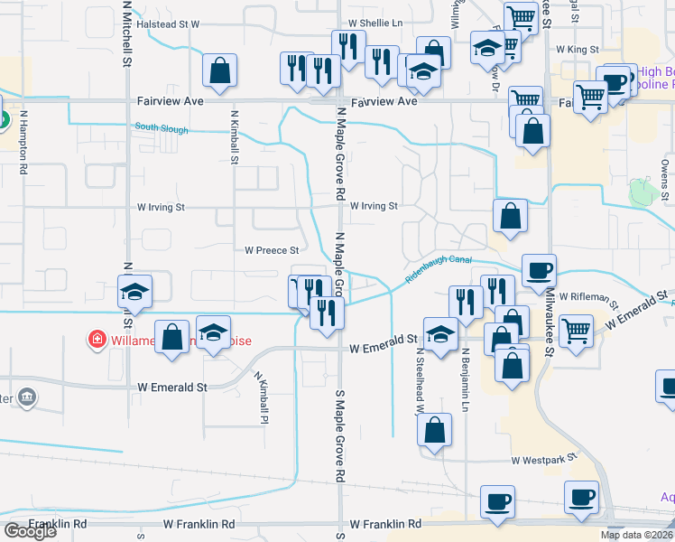 map of restaurants, bars, coffee shops, grocery stores, and more near 1015 North Maple Grove Road in Boise