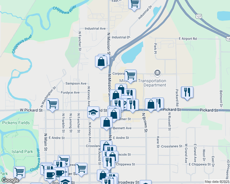 map of restaurants, bars, coffee shops, grocery stores, and more near 1114 North Mission Street in Mount Pleasant