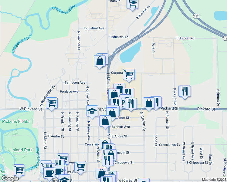 map of restaurants, bars, coffee shops, grocery stores, and more near 1114 North Mission Street in Mount Pleasant