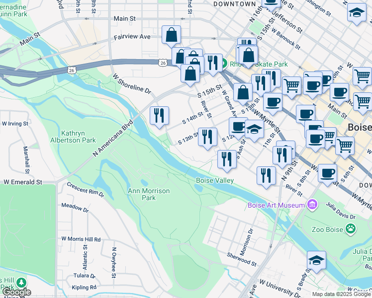 map of restaurants, bars, coffee shops, grocery stores, and more near in Boise