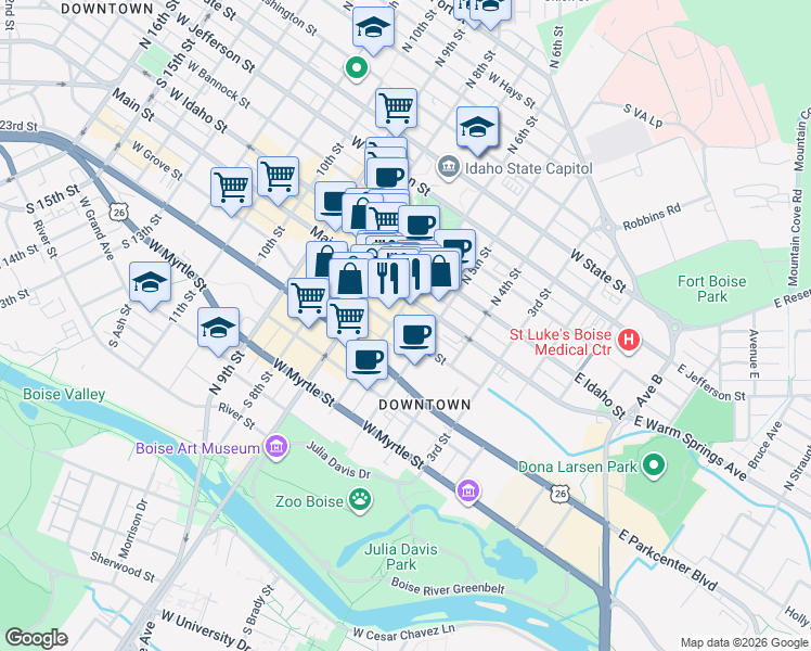 map of restaurants, bars, coffee shops, grocery stores, and more near 117 South 6th Street in Boise