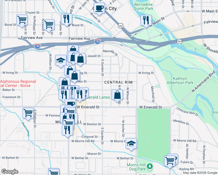 map of restaurants, bars, coffee shops, grocery stores, and more near 4511 Holmes Street in Boise