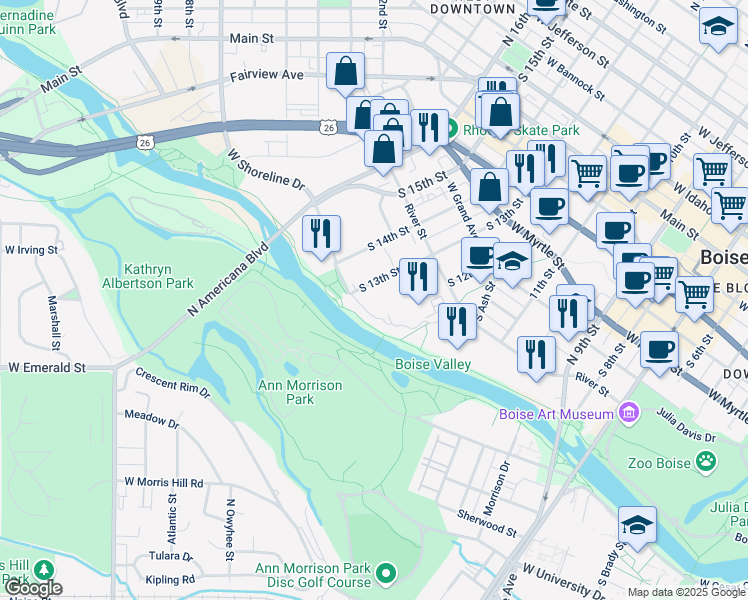 map of restaurants, bars, coffee shops, grocery stores, and more near in Boise