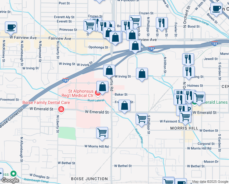 map of restaurants, bars, coffee shops, grocery stores, and more near 1070 North Curtis Road in Boise