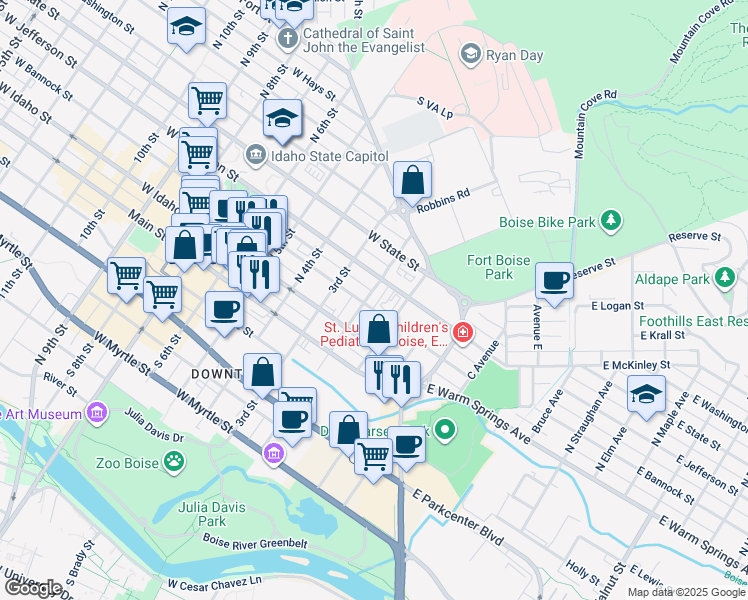 map of restaurants, bars, coffee shops, grocery stores, and more near 124 West Bannock Street in Boise