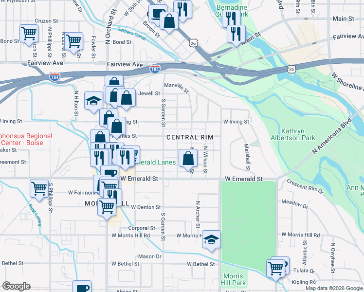 map of restaurants, bars, coffee shops, grocery stores, and more near in Boise