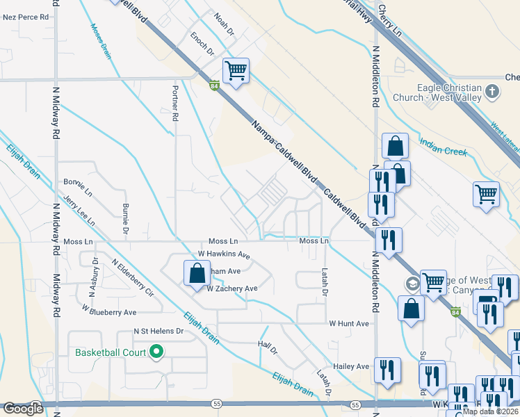 map of restaurants, bars, coffee shops, grocery stores, and more near 11399 West Pamelas Lane in Nampa