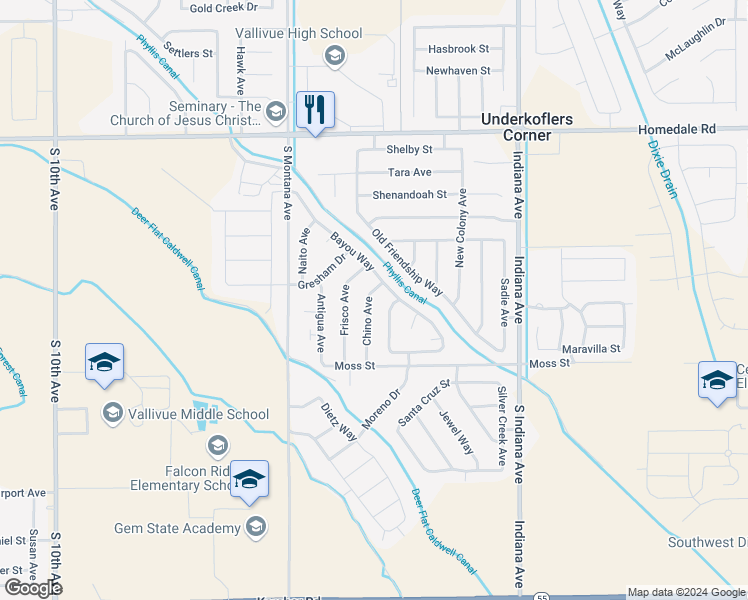 map of restaurants, bars, coffee shops, grocery stores, and more near 16652 Chino Avenue in Caldwell