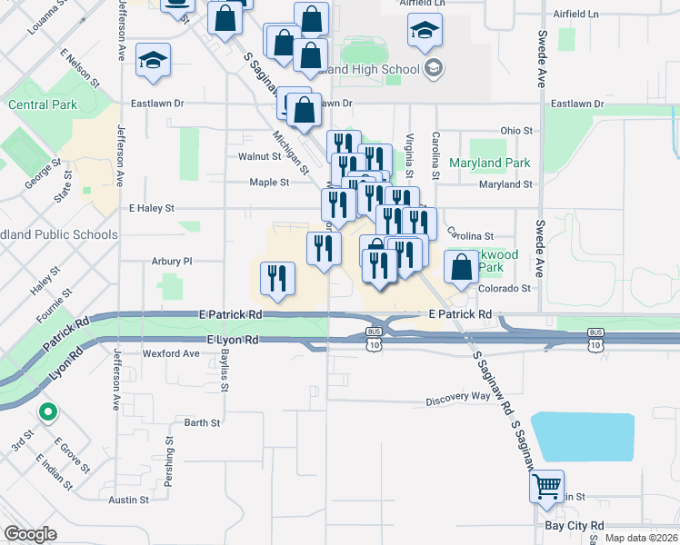 map of restaurants, bars, coffee shops, grocery stores, and more near 1311 Washington Street in Midland