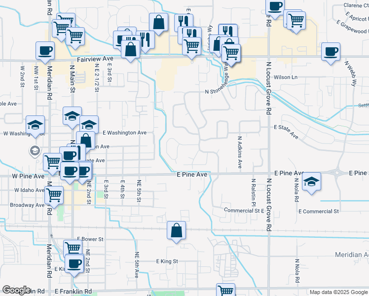map of restaurants, bars, coffee shops, grocery stores, and more near 996 East Ashford Street in Meridian