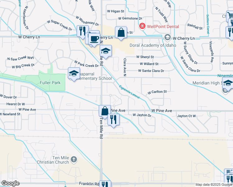map of restaurants, bars, coffee shops, grocery stores, and more near 1121 North Gray Cloud Way in Meridian