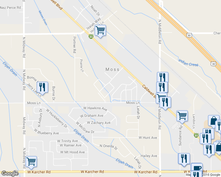 map of restaurants, bars, coffee shops, grocery stores, and more near 11399 West Pamelas Lane in Nampa