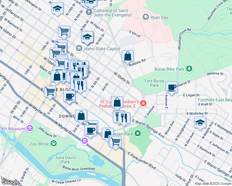 map of restaurants, bars, coffee shops, grocery stores, and more near 124 West Bannock Street in Boise