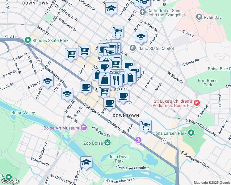 map of restaurants, bars, coffee shops, grocery stores, and more near in Boise