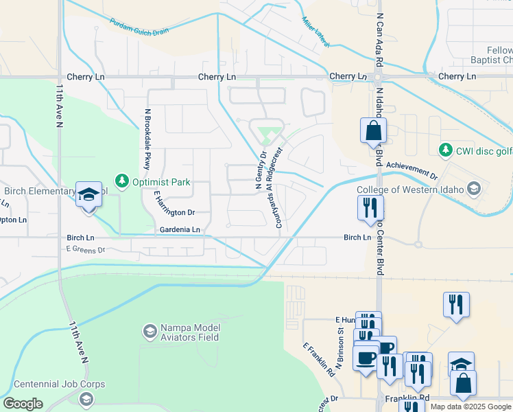 map of restaurants, bars, coffee shops, grocery stores, and more near 6384 East Brimley Drive in Nampa