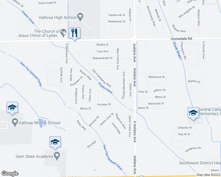 map of restaurants, bars, coffee shops, grocery stores, and more near 16651 Old Friendship Way in Caldwell
