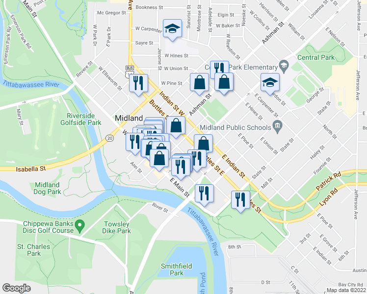 map of restaurants, bars, coffee shops, grocery stores, and more near 311 McDonald Street in Midland